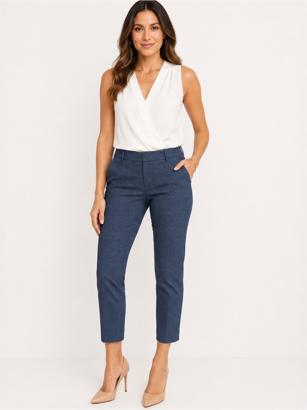 Express Editor Dress Pants Women’s 12 Short Blue Black Geometric Ankle Career